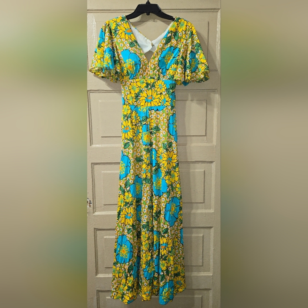 Jack Hartley 1960s Retro Yellow Blue Floral Keyhole Flutter Sleeve Maxi Dress